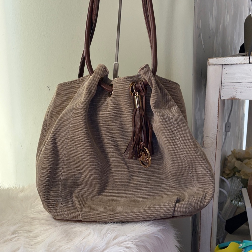 MICHAEL Michael Kors Taupe Canvas Shoulder Bag with Brown Trim